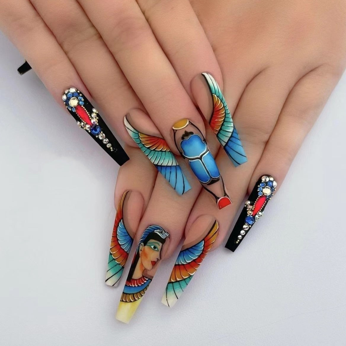 3D Kuku Palsu Peacock Girl Designs French Long Coffin Tips Tekan pada tips faux Ongles Tips Diy Manicure menyediakan kuku akrilik palsu