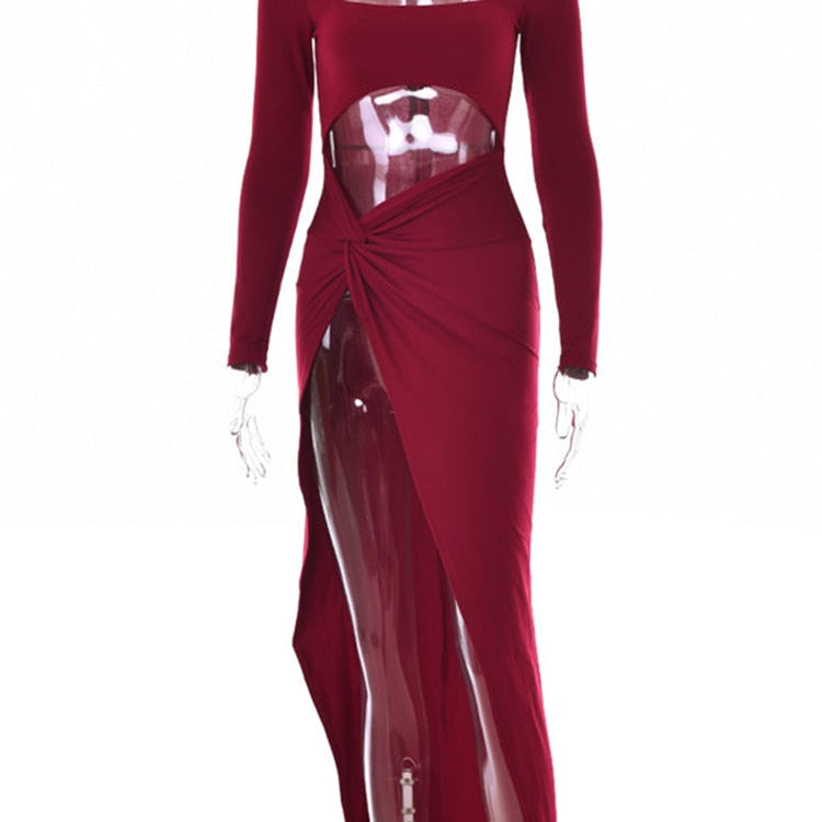 Sexy Hollow Out High Split Maxi Dress For Women Robe Autumn Full Sleeve Ruched Club Party Long Dress Vestido Wine Red