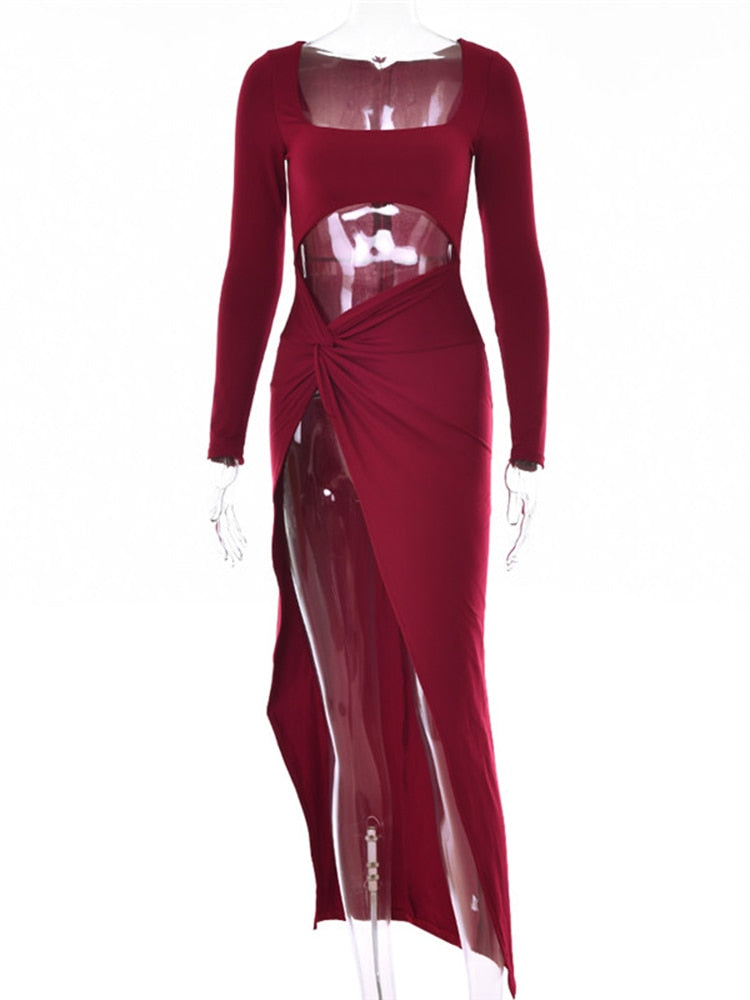 Sexy Hollow Out High Split Maxi Dress For Women Robe Autumn Full Sleeve Ruched Club Party Long Dress Vestido Wine Red