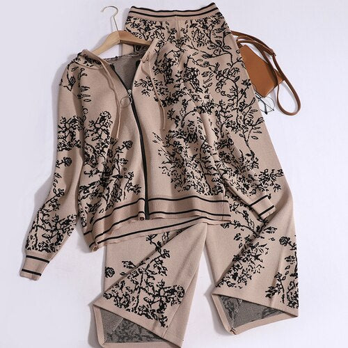 Autumn Temperament Pants Set for Women Printed Hooded Knit Cardigans + Casual High Waisted Wide Leg Pants Women Two Piece Set Khaki One Size