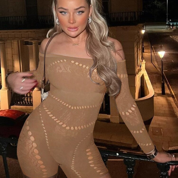Sisterlinda Sexy Hollow See Through Romper Women Long Sleeve One Shoulder Skinny One Piece Playsuit Female Workout Overalls