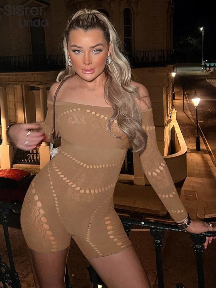 Sisterlinda Sexy Hollow See Through Romper Women Long Sleeve One Shoulder Skinny One Piece Playsuit Female Workout Overalls