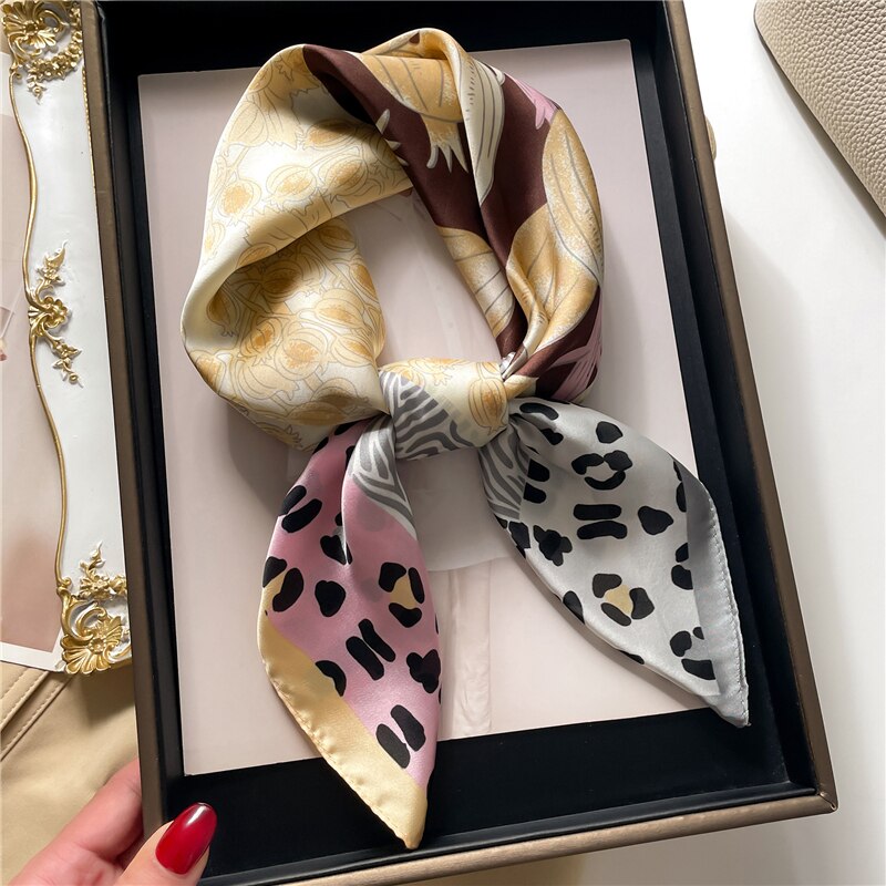 Fashion Hair Scarf for Women Decor Headband Ribbon Satin Silk Square Scarves Lady Wrist Wrap Shawls Design Bandana Foulard FJ715-3