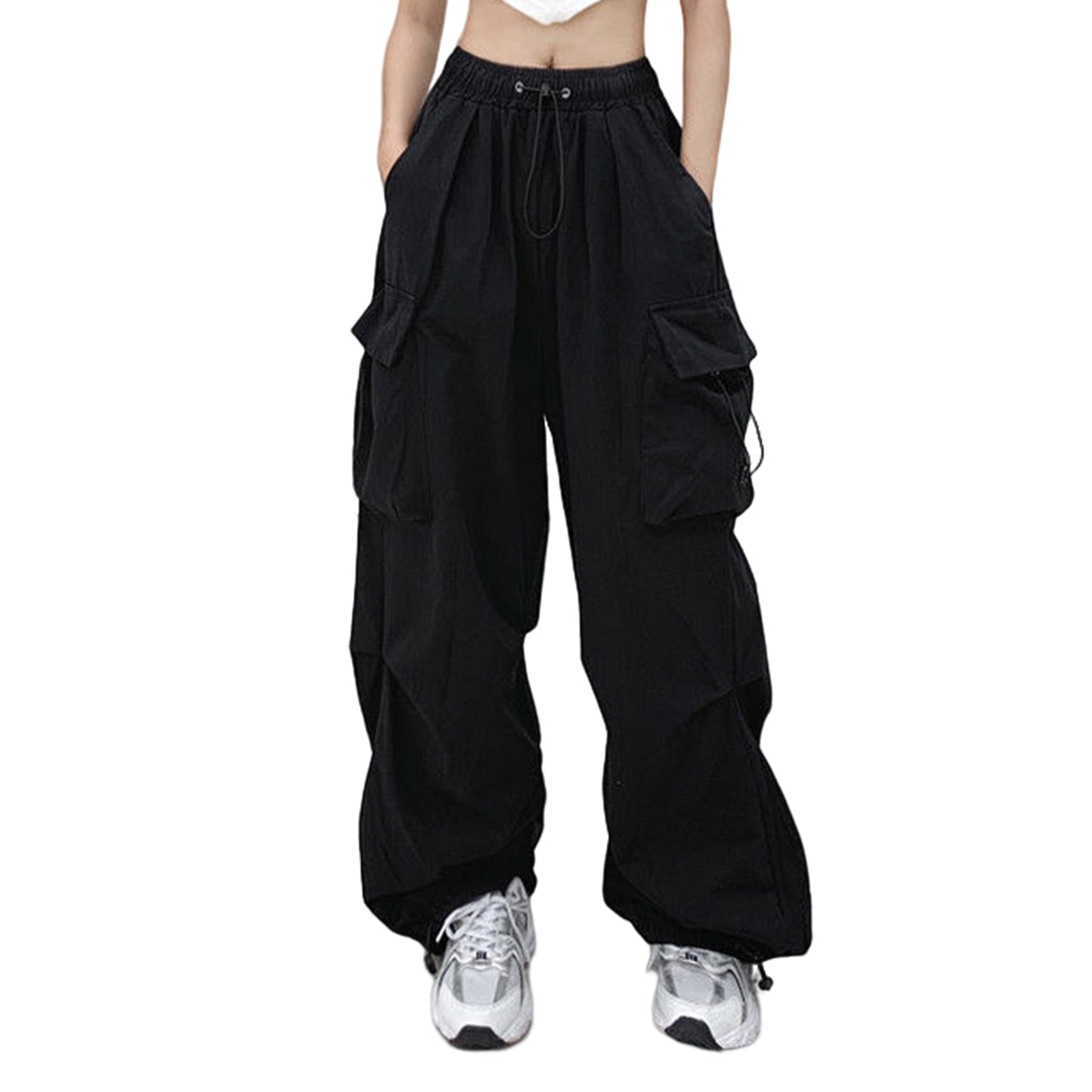 Fashion Casual Cargo Pants American Style Women Casual Cargo Trousers Elastic Waist Vintage with Pockets Solid Color Streetwear Black