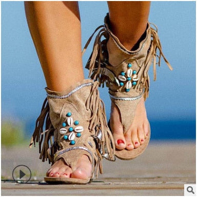 Retro Women Fringe Flower Wedges Shoes Solid Flock Beach Casual Sandals Women Summer Flip Flop Sandals Khaki