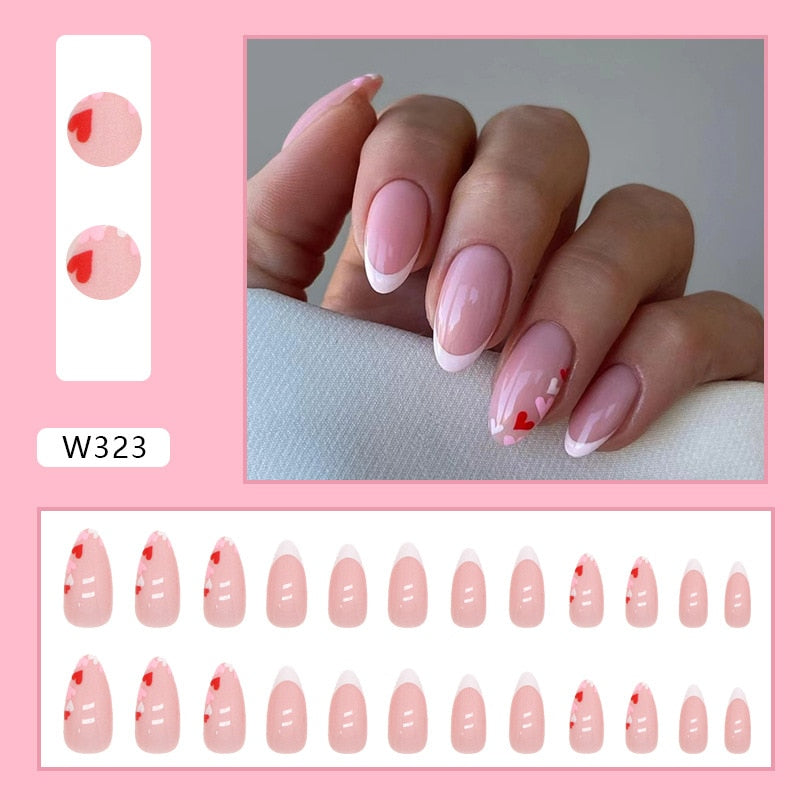 Cute Cat Printed Fake Nails Almond Head Full Cover Press on FIngernails Cartton Pink Acrylic Nail Art Tips for Girls H2