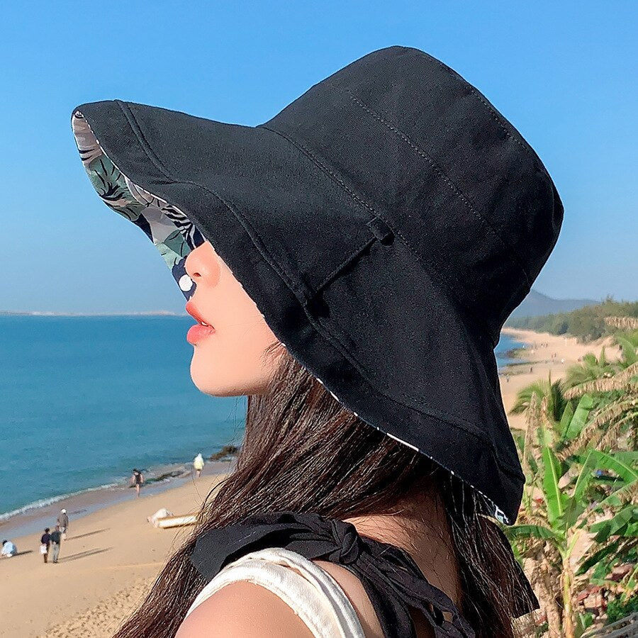 Spring Summer Print Reversible Sun Beach Hat Woman Girl Outdoor Travel Vacation Fisherman Cap Wide Brim 12.5cm Visor Hat C Black Head Girth 56-58cm