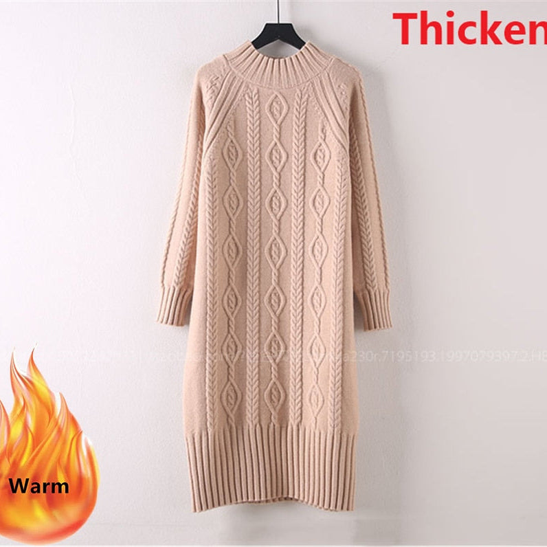 Winter Thicken Plus Velvet Sweater Dress Women's Fall Mock Neck Rib Knit Bottoming Dresses Elegant Warm Vestido Midi With Coats Thicken khaki