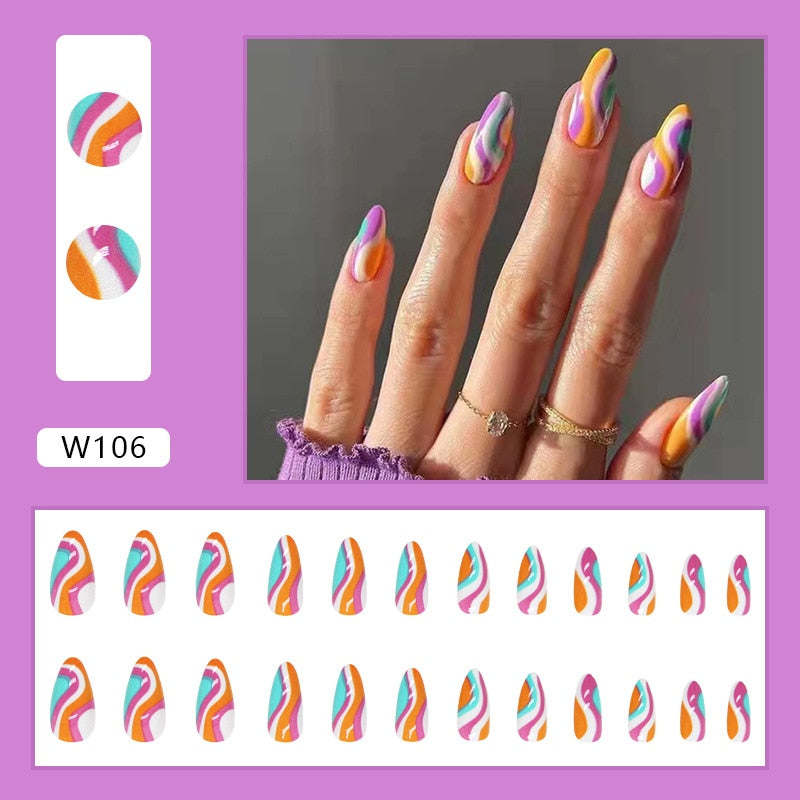 24Pcs/Set Fake Nails With Glue Full Cover Nail Tips Press On Med Nails DIY Manicure Oval Head False Nails Pink Almond Artificial W106 -24Pcs-Set