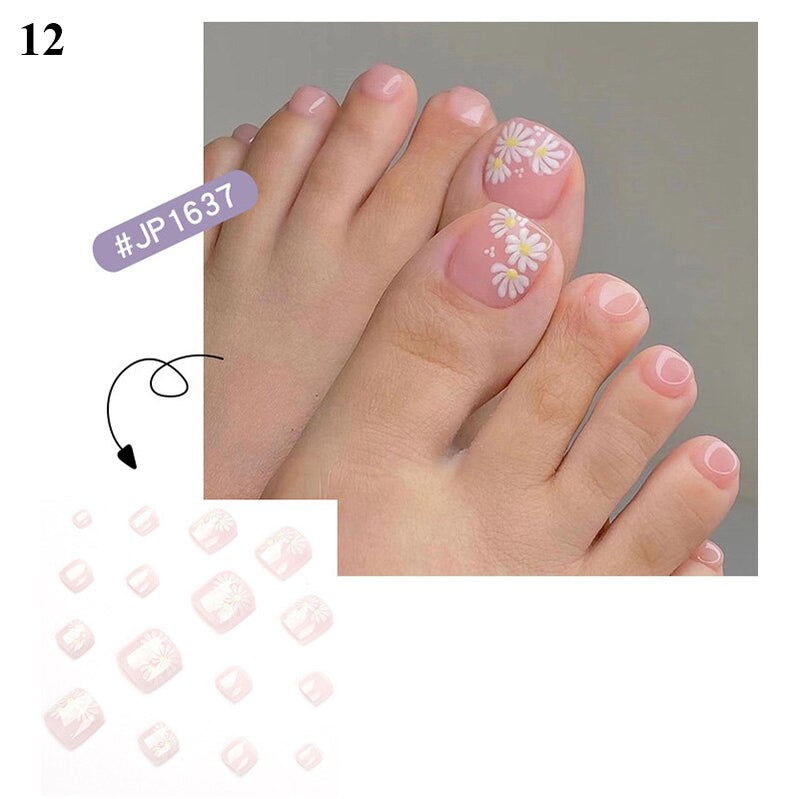 False Toenail 24Pcs/Box Toe Nail 3D Glitter Decor Press On Fake Nails With Glue Detachable Square Short Full Cover DIY Nail Tips 12