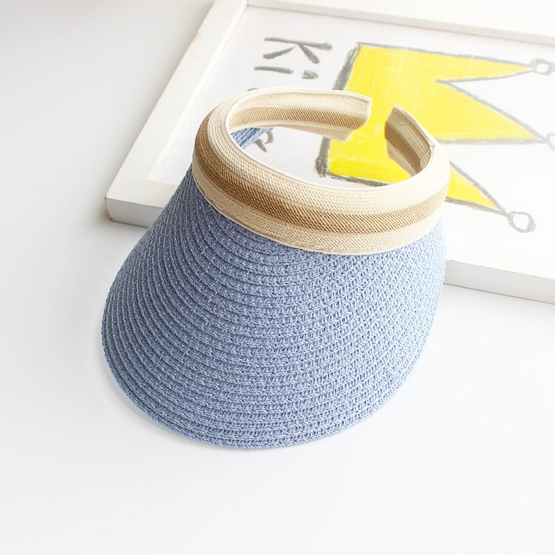 Summer Empty Top Sun Hat - Female Outdoor Visor Cap Casual Shade Hat Straw Wide Large Brim Beach Sunhat Lady 0672-Blue