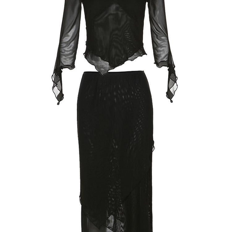 Tawnie Y2K Mesh Skirt 2 Pieces Sets Women 2023 Summer Casual V Neck Long Sleeve Crop Top Bodycon Maxi Skirt Matching Sets Outfit