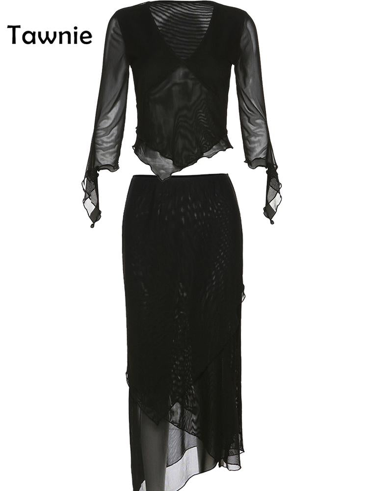 Tawnie Y2K Mesh Skirt 2 Pieces Sets Women 2023 Summer Casual V Neck Long Sleeve Crop Top Bodycon Maxi Skirt Matching Sets Outfit