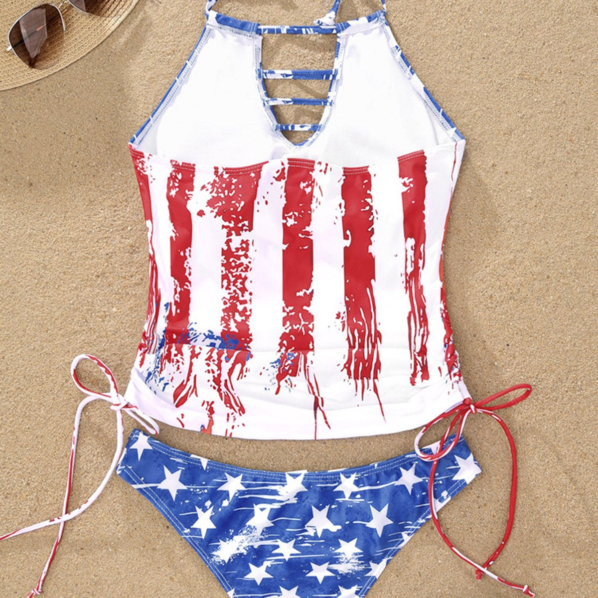 Sexy Women American Flag Hollow Out Drawstring Halter Tankini Set Brazilian Swimsuit Bra Two Piece Swimwear Beachwear