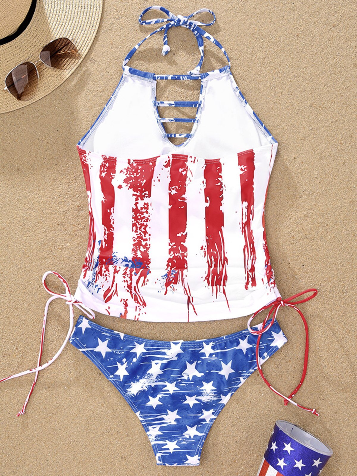 Sexy Women American Flag Hollow Out Drawstring Halter Tankini Set Brazilian Swimsuit Bra Two Piece Swimwear Beachwear