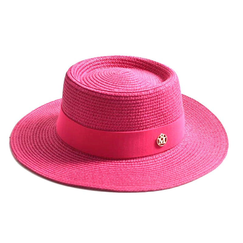 New Summer Straw Sun Hats for Women Ladies Fashion Flat Brim Ribbon Beach Hat Travel Dress Cap chapeau femme Rose 56-58CM
