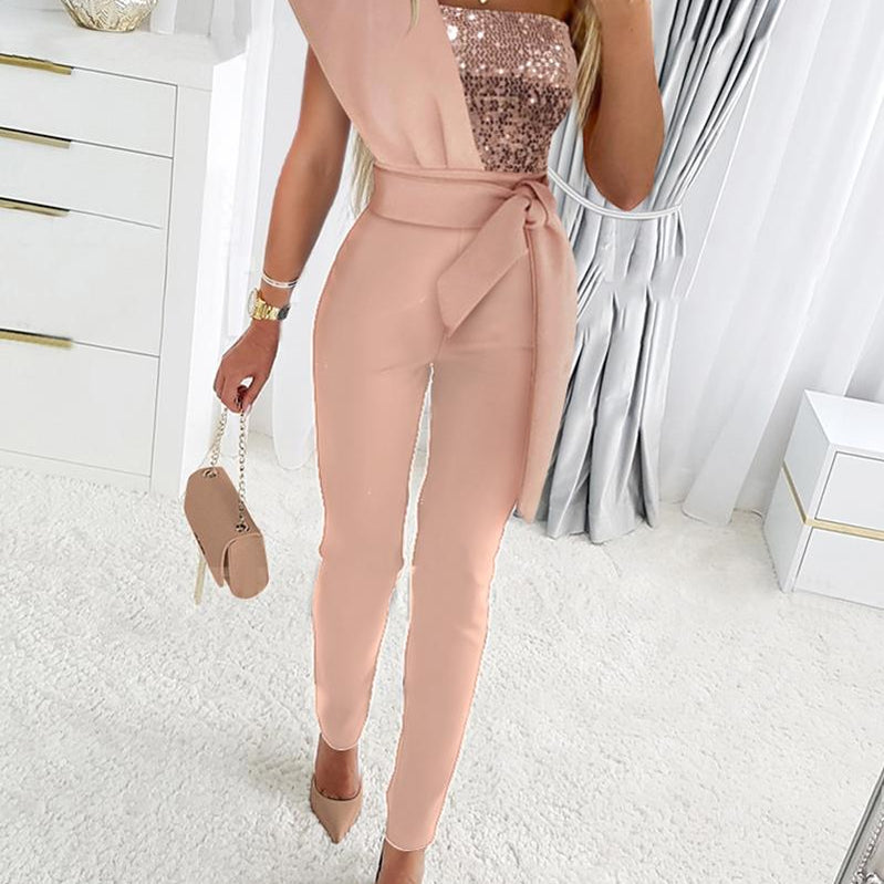 Chic Women Elegant Pink Full Bodysuits Sequin Prom One Piece Bodysuit Dresses Evening Outfit Overalls Jumpsuit Jumpsuits Clothes