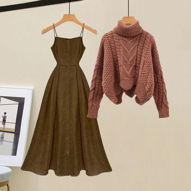 Women's Spring Autumn Single/outfits New Age Reducing Slim Covering Sweater with Waist Wrapped Dress Two Piece Set Set-02