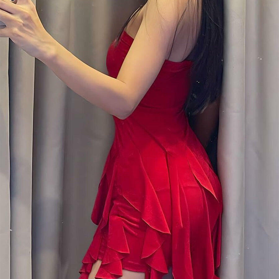 Summer Women Fairy Ruffle Tassels Bodycon Dress Women Off-Shoulder Strapless Irregular Mini Dress Streetwear