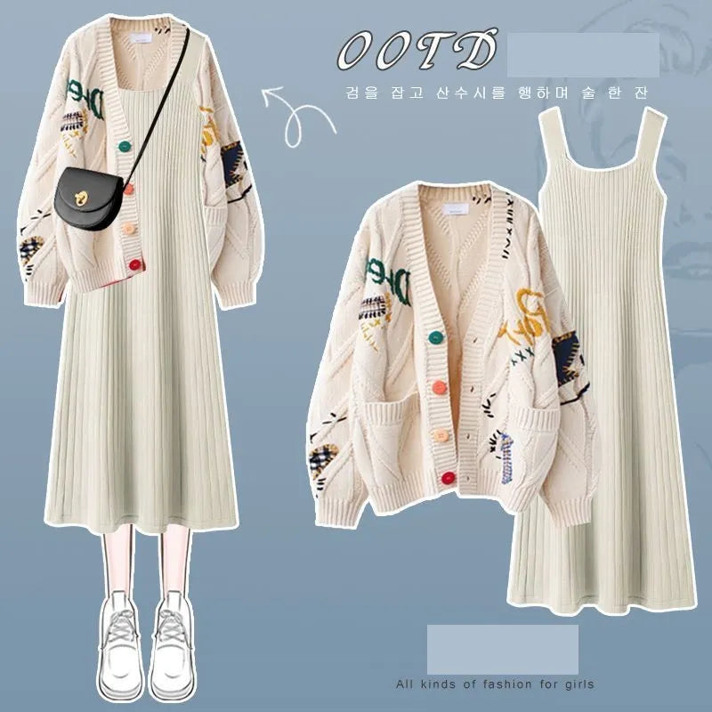 Women's Autumn/Winter New Fashion Knitted Sweater Dress Matching Set Korean Elegant Cardigan Sling Skirt Two Piece Suit Set 01