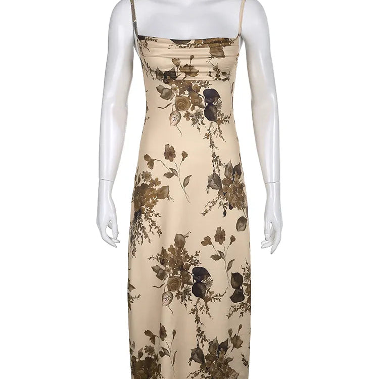 Y2K Vintage Party Long Dress Grunge Fairycore Print Maxi Dresses Elegant Beach Style Backless Sundress Women Clothes