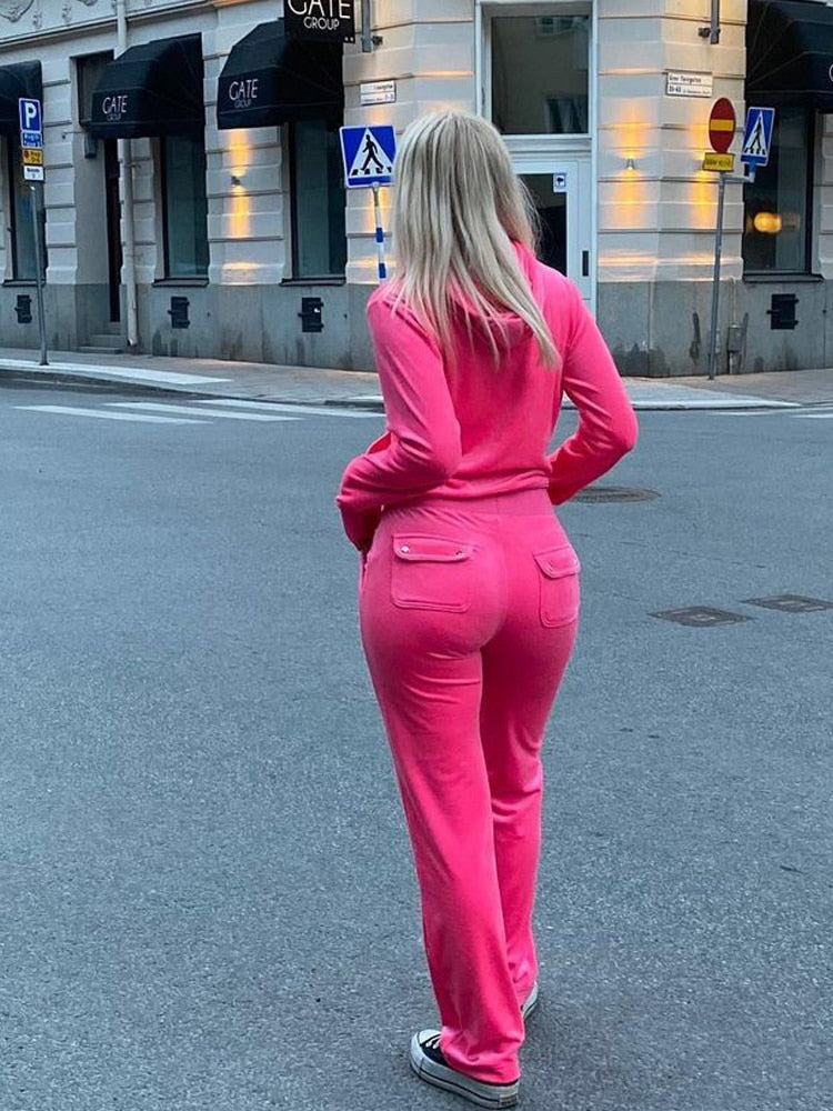 Women Autumn Winter Outfits Casual Zipper Sweater Hoodie Set High Waist Skinny Pants Suits Knitted Womens Y2k Two Piece Set Rose Pink