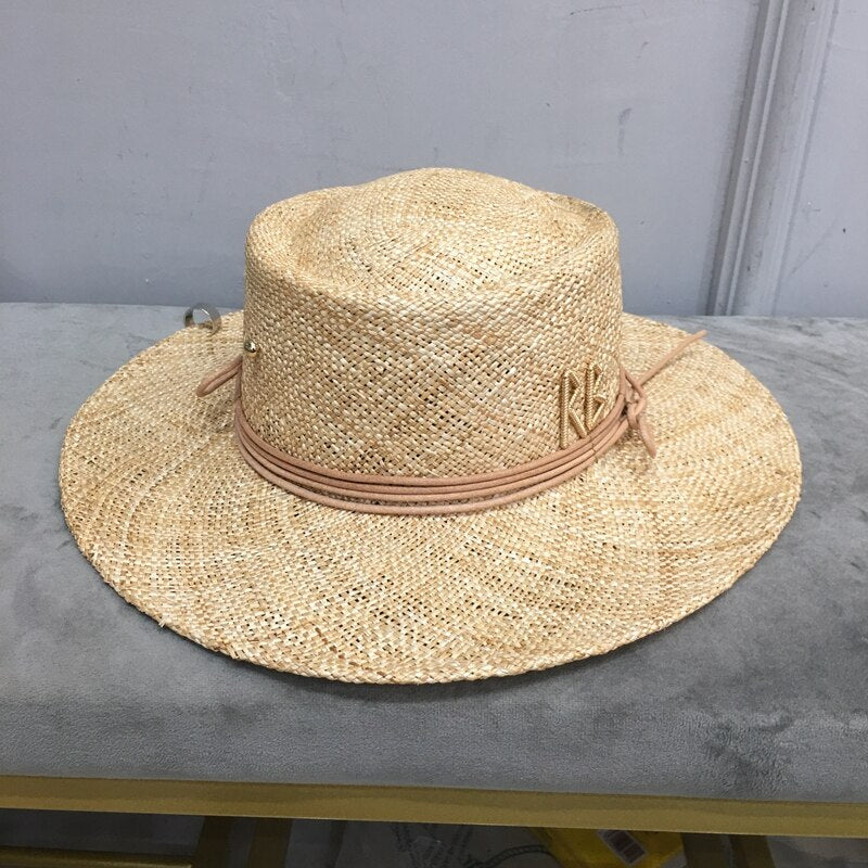 raffia straw hat for women with letter and chain Wide Brim Floppy Sun Hat Summer Hats Lady Beach Cap