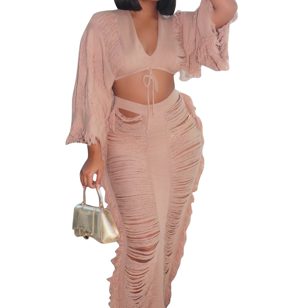 Elegant Hollow Out Hole Tassel 2 Piece Set Women Sexy Lace Up V Neck Crop Top + Long Skirts Skinny Club Party Beach Outfits 2023 apricot set