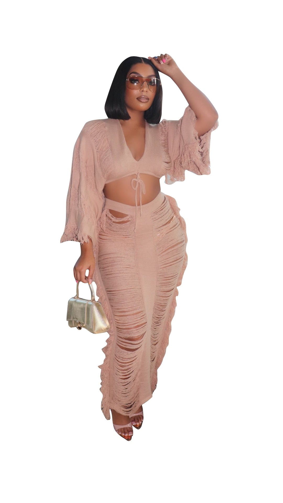 Elegant Hollow Out Hole Tassel 2 Piece Set Women Sexy Lace Up V Neck Crop Top + Long Skirts Skinny Club Party Beach Outfits 2023 apricot set