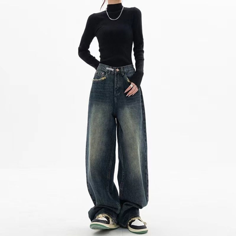 Harajuku retro tvättade vintage streetwear y2k baggy byxor mode kvinnor hög midja jeans brett ben rak löst denimbyxor