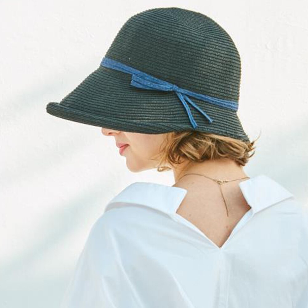 FS French Straw Bonnet Cap for Women Victorian Sun Hats Chin Strap Foldable Summer Accessories Bucket Hat Fedoras For Beach Black M(55-58CM)