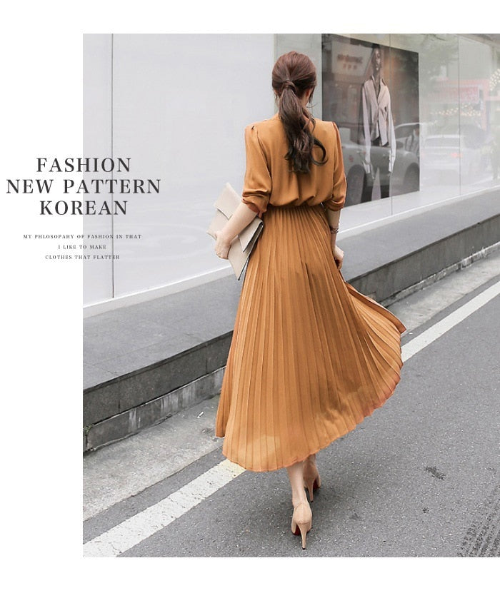 Elegant Chiffon Long Sleeve Shirt Dress Women Belt Lace Up A-line Pleated Maxi Dress Korean Fashion Fall Clothes Streetwear