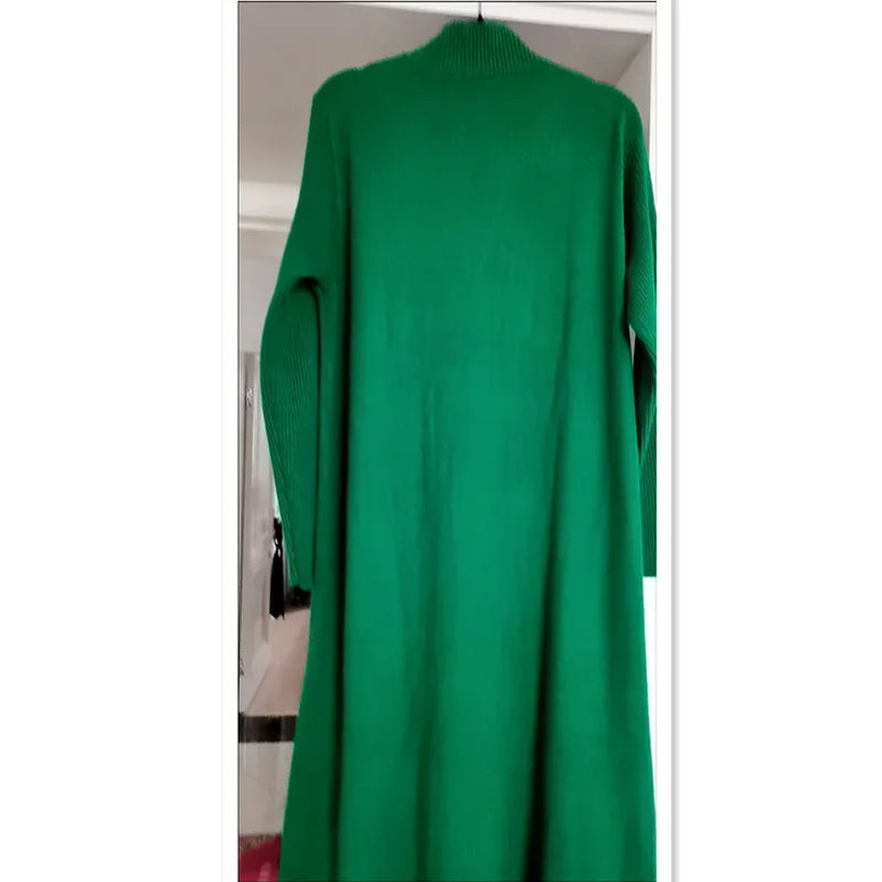 Oversize Women Long Dress For Autumn Winter Vertical Grain Wave Half High Collar Pullover Slim Bottom Sweater Lady Dresses