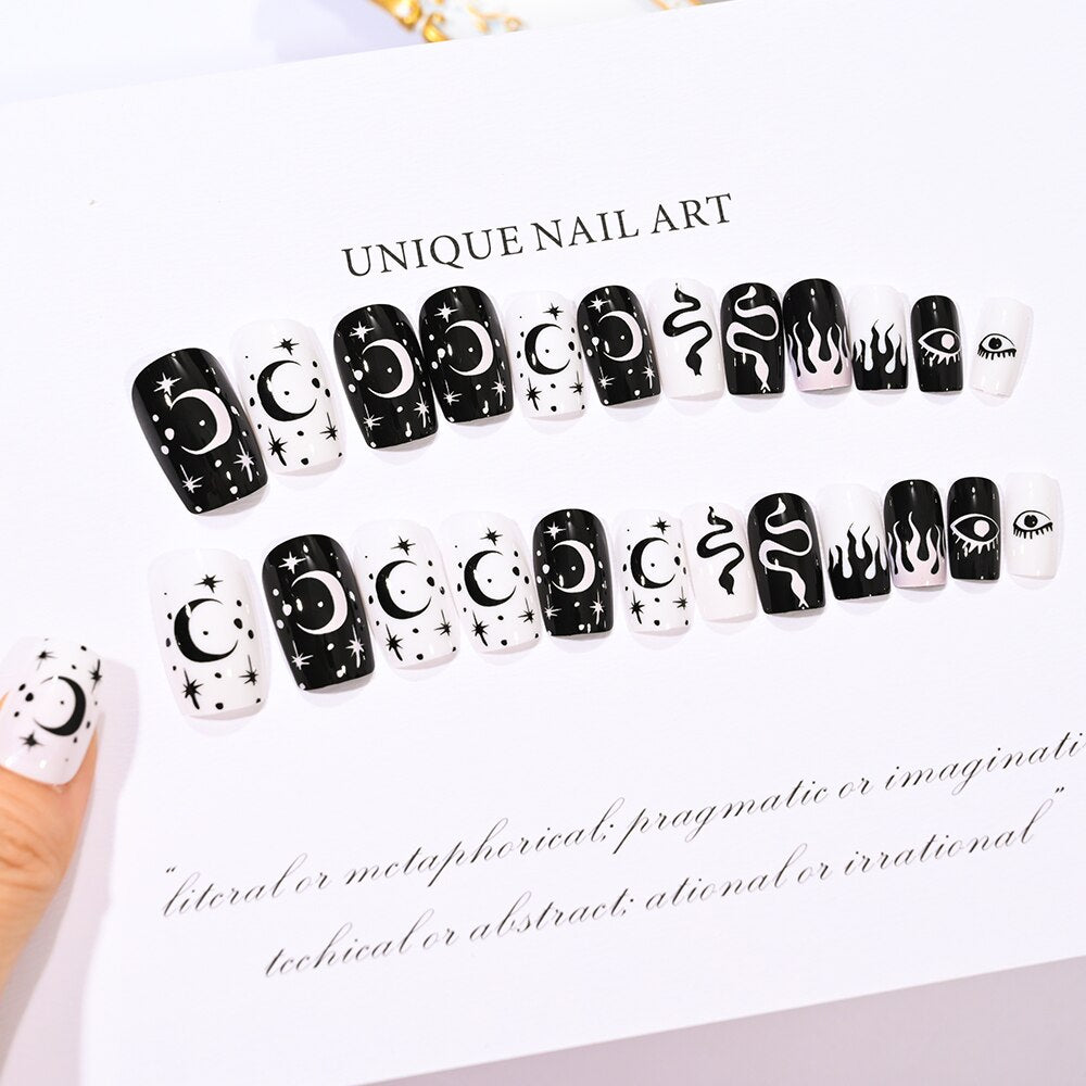 Press on Nails Halloween Medium Length Coffin Black Fake Nails Scary Mask Face Nail Tips Halloween Design 3D Glossy Acylic Nails TD146-DP088