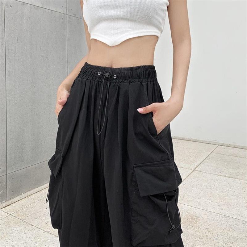 Summer Vintage Casual Cargo Pants Women Streetwear Pleated Drawstring Loose Wide Leg Straight Trousers Fashion Ladies Sweatpants