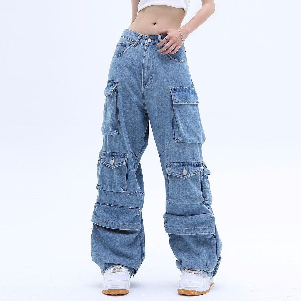 Pocket Solid Color Overalls Jeans Women's Y2K Street Retro Loose Wide-Leg Overalls Couple Casual Joker Mopping Jeans Pants Women