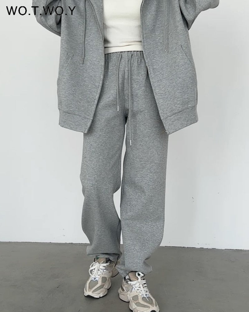 WOTWOY Causal Fleece Hooded Sweatshirts and Pants 2 Piece Sets Womens Outfits Autumn Winter Sweatpants Female Grey Pullovers