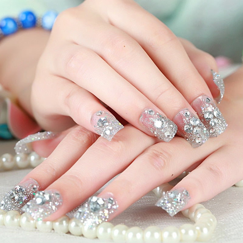 24Pcs/box Luxe Shining Rhinestone Wedding False Nails Transparent Glitter Gems Crown Designed Square Full Short Fake Art Bride 71