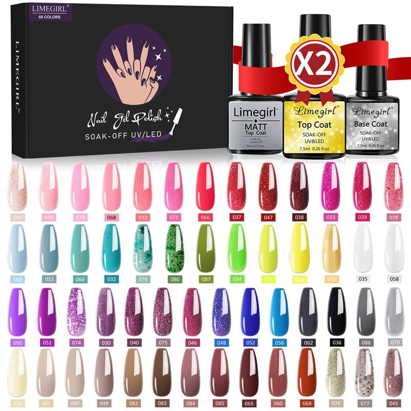 Limegirl Gel Nail Polish Set Kit Pink Glitter Popular Spring 60/40/24 Colors Semi Permanent UV Led Gel Varnish Soak Off Nail 54-6PCS-3