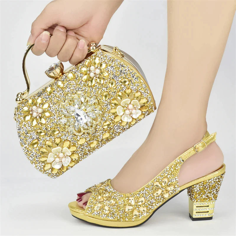 Nigerian Party Shoes with Bag Set Decorated with Rhinestone Shoes for Women Designer Luxury Wedding Shoes Bride Gold