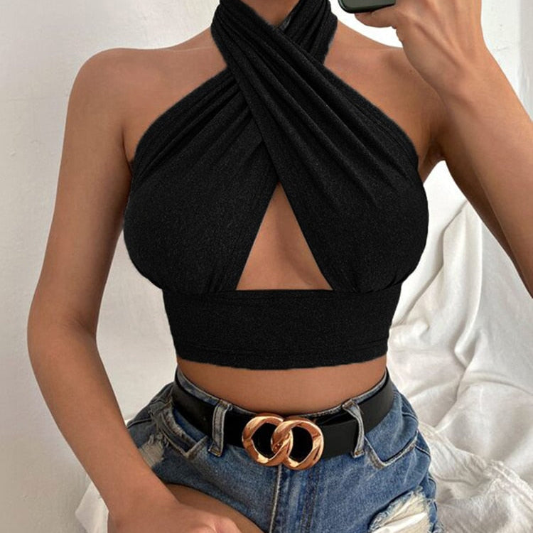 Women Summer Tank Tops Sexy Solid Color Cross Halter Neck Push Up Hollow Crop Tops High Street Wear 2023 New Fashion Black