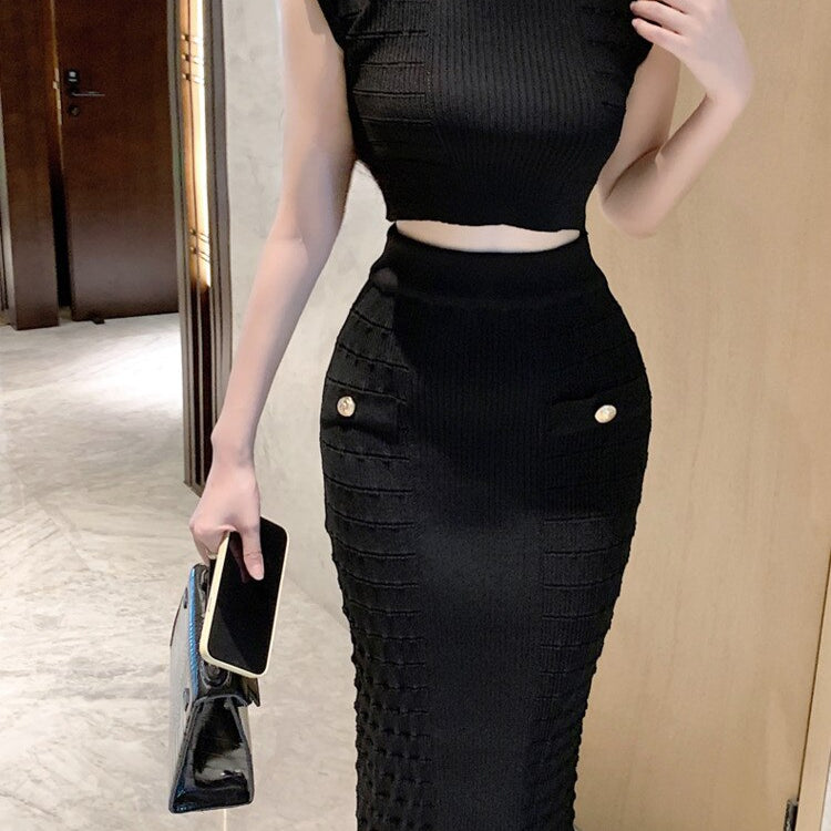 Knitted Two Piece Set For Women Sexy Crop Top + Bodycon Long Skirt Suits Beach Holiday Summer 2 Piece Sets Women Outfit