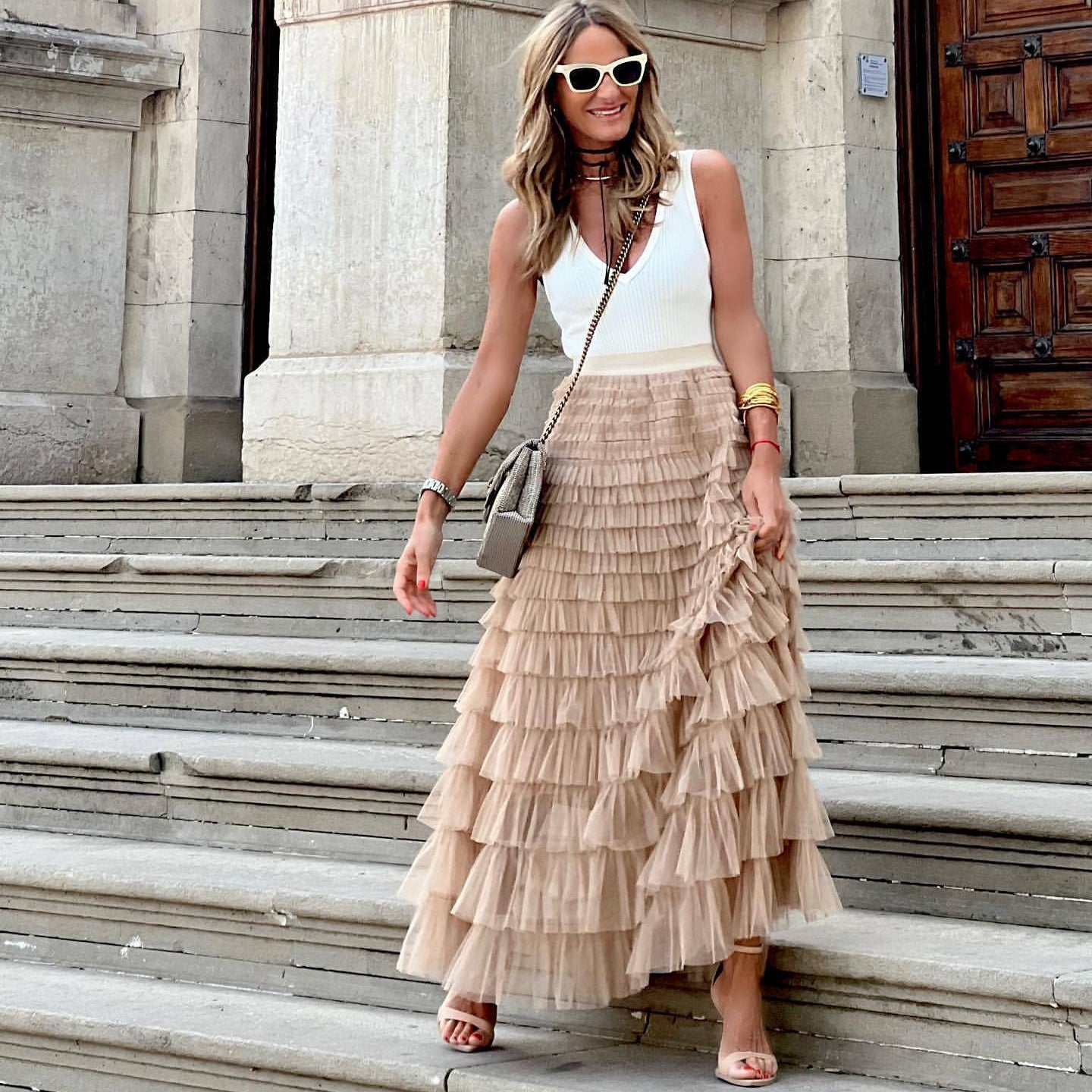 Summer Long Skirt Layered Ruffles Design Elegant Maxi Dress Office Women Commuting Party Attire Autumn Elegant Skirt