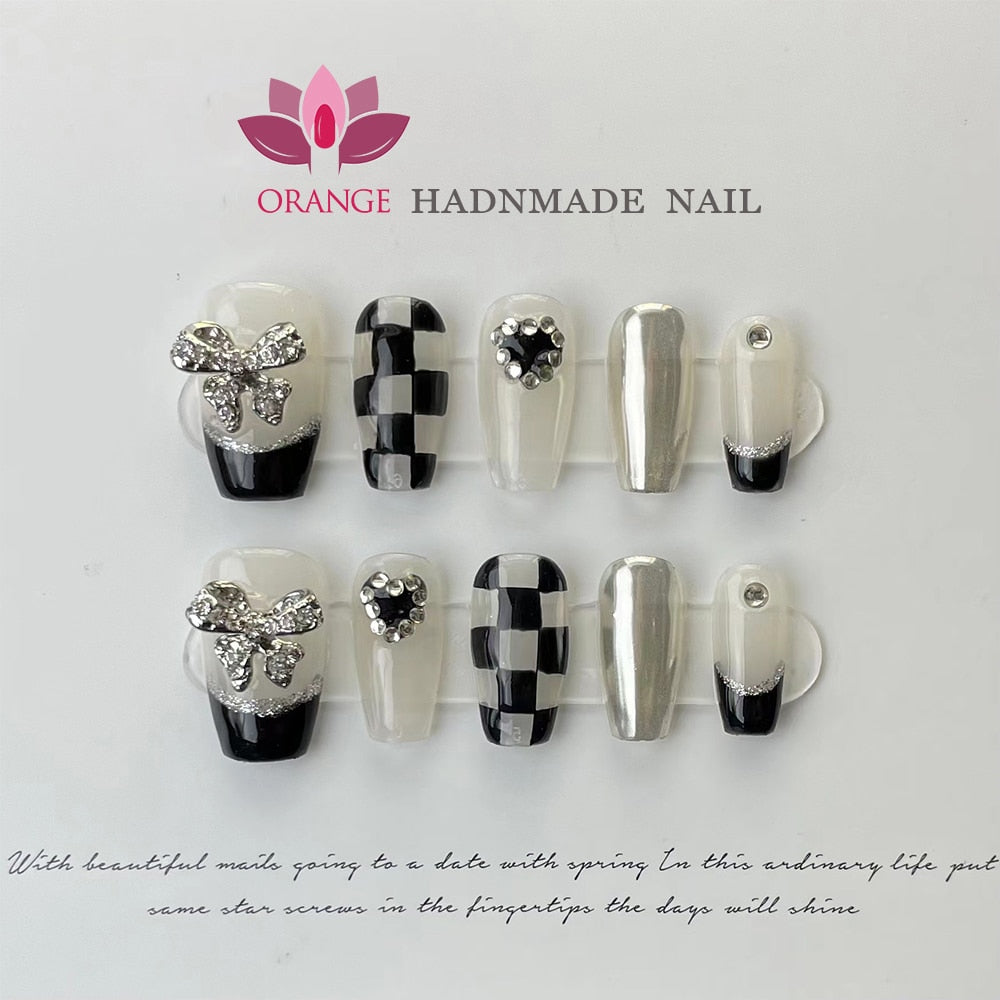 Black Fake Press on Nails Full Cover Ballerina Korean Handmade Manicuree Heart Decoration Nail Art Wearable Artificial Nail Tips Spain