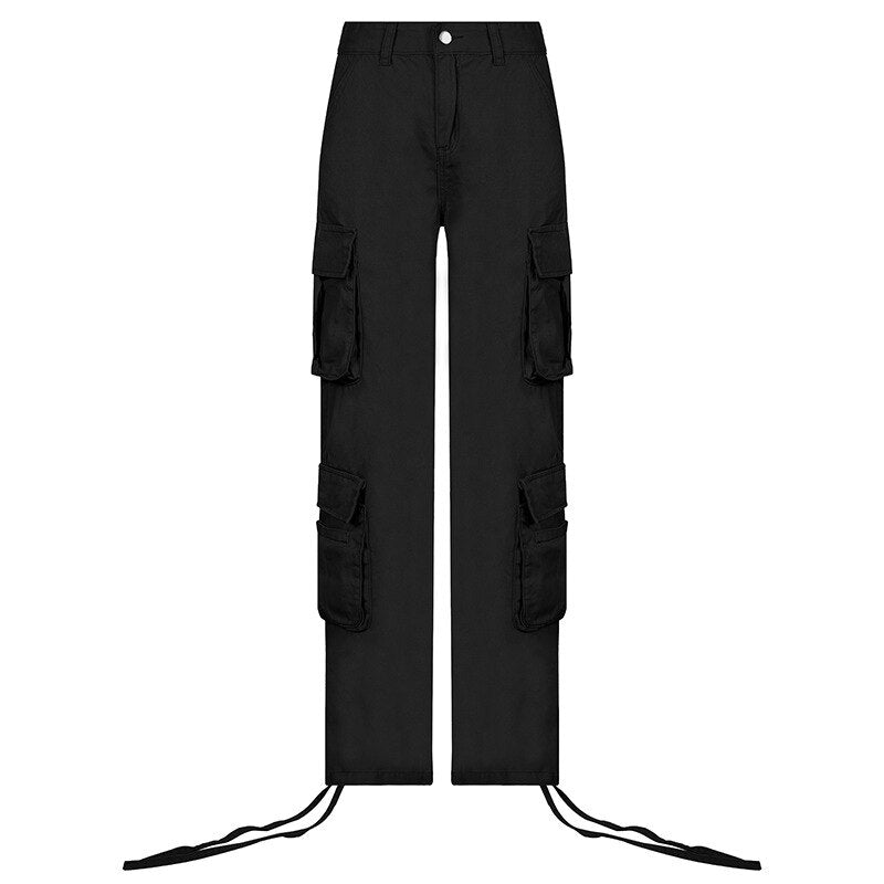 PASSIONNÉ Trousers for Women High Waist Pockets Lace-up Wide Leg Pants Female Vintage Streetwear Style Fashion New Black