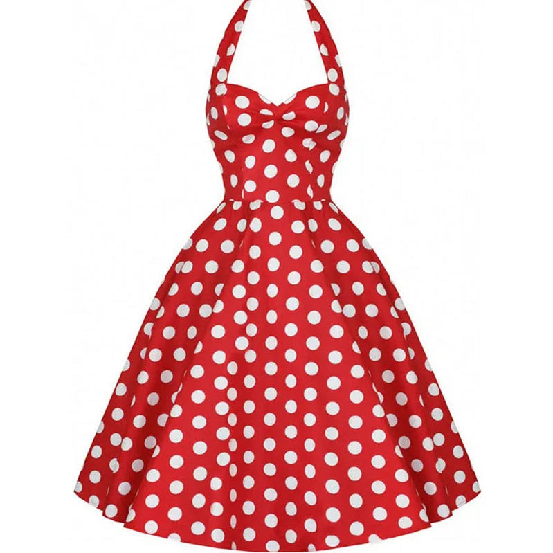 Polka Dot Dress Women Vintage Swing Halter Belt 50s 60s Rockabilly Prom Party Dresses Retro Feminino Vestidos 874 red