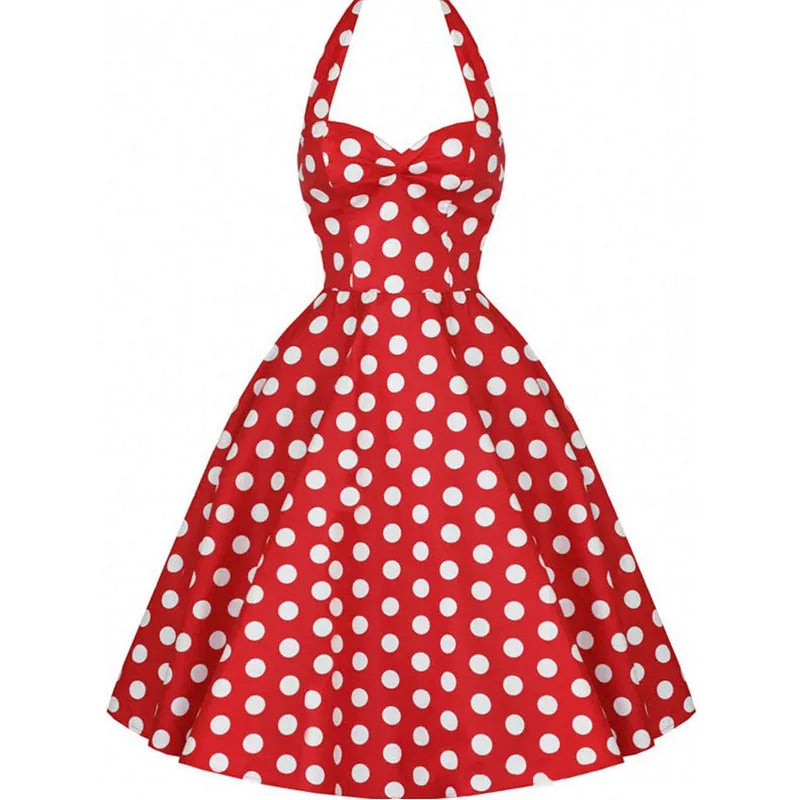 Polka Dot Dress Women Vintage Swing Halter Belt 50s 60s Rockabilly Prom Party Dresses Retro Feminino Vestidos 874 red