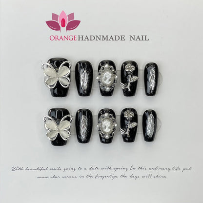 Handmade Luxury Press On Nails Rhinestone Coffin Head Manicuree Decoration Wearable Full With Design Acrylic Nail For Wedding