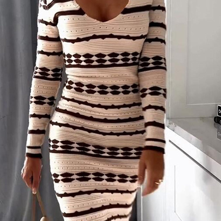 Striped Knit Dress Women Knee Length Skinny Long Sleeve Casual Striped Sweater Dresses Women Warm Autumn Winter New