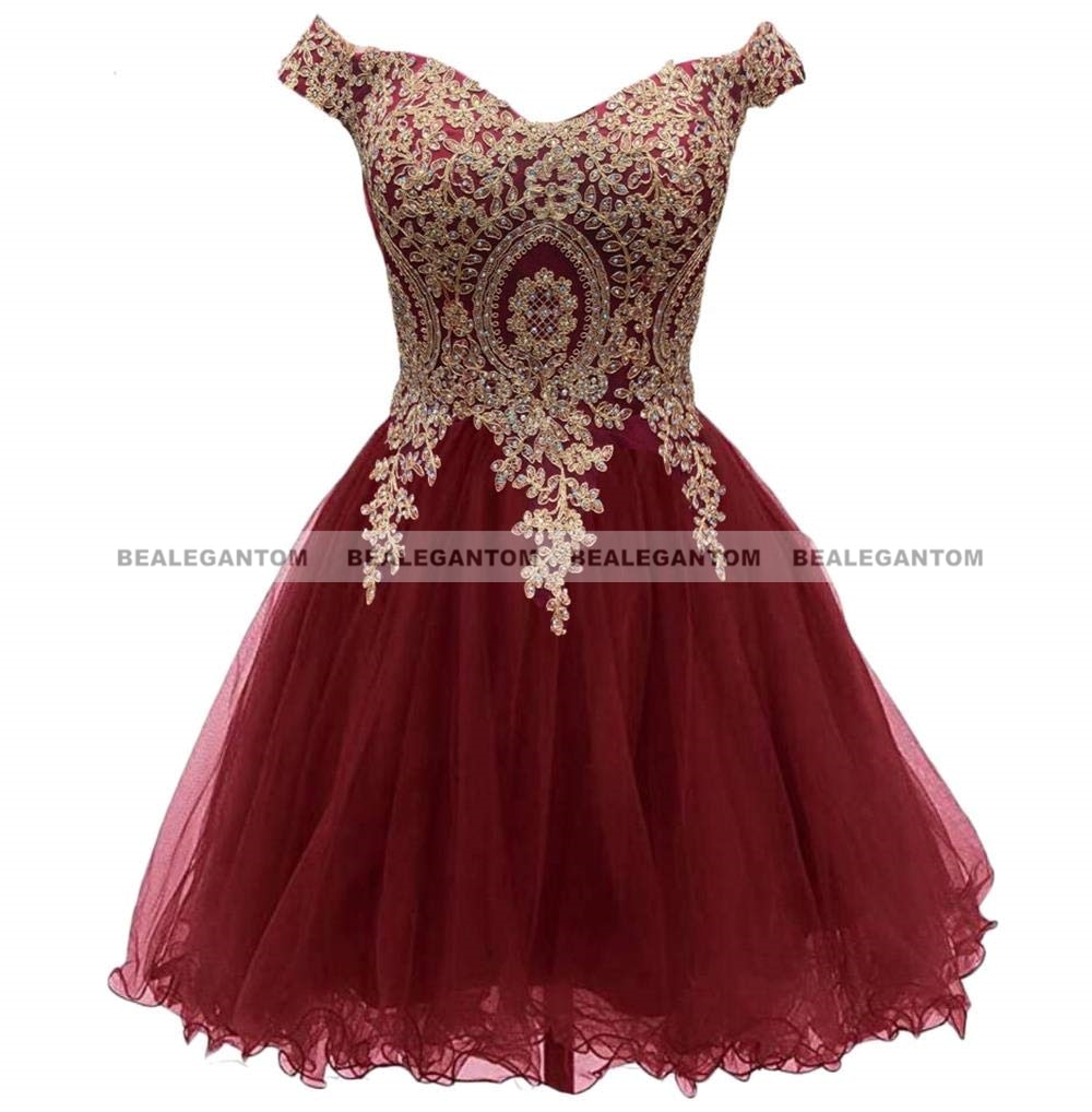 Bealegantom A Line Lace Off Shoulder Short Homecoming Dresse Appliques Crystal Beaded Mini Formal Prom Graudation Party Gowns wine red